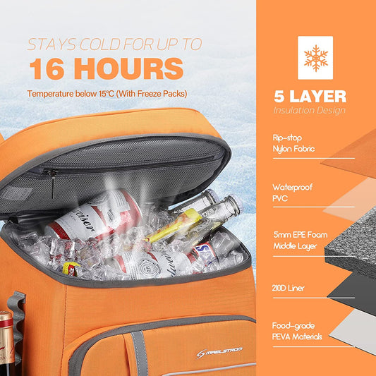 35-Can Leakproof Insulated Cooler Backpack for Beach, Camping, Fishing, and More. Keeps Contents Cool and Fresh. Perfect for Outdoor Activities, Grocery Shopping, and Travel. Color: Orange.