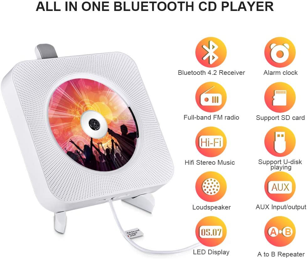 Portable CD Player with Bluetooth, Wall Mountable Music Player, Home Audio Boombox with Remote Control, FM Radio, HiFi Speakers, LCD Display, MP3 Headphone Jack, AUX Input/Output