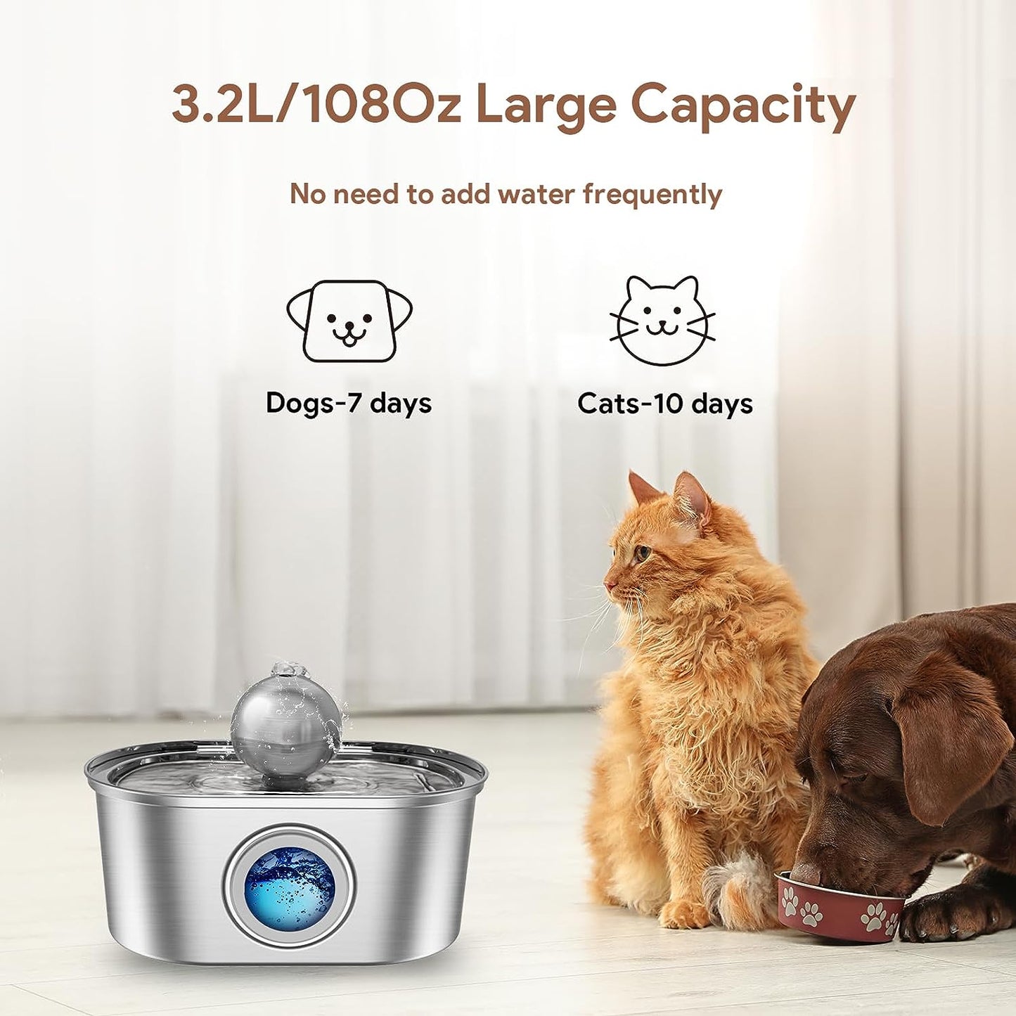 Stainless Steel Cat Water Fountain - 3.2L/108oz Automatic Pet Water Fountain - Water Level Window with LED Light - Quiet Pump - Dishwasher Safe Design - Suitable for Multiple Pets, Dog Water Dispenser