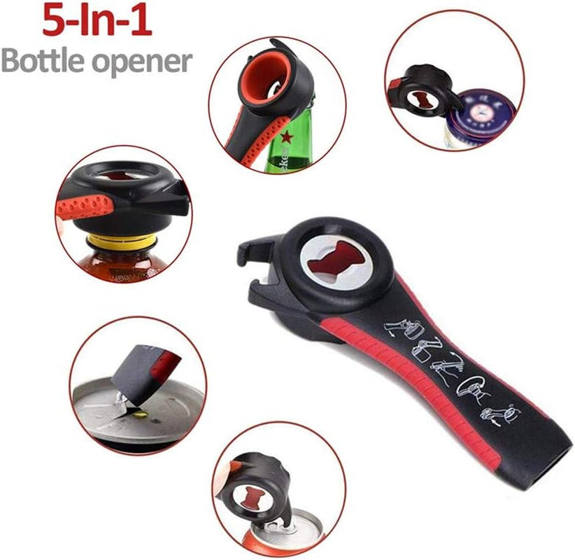 5-in-1 Multi-Function Kitchen Tool: Jar Opener, Manual Can Opener, Bottle Opener Kit in Red. Easily Open a Variety of Cans, Bottles, Jars, Beer, and Soda Pops with the Silicone Hand Gripper Aid.