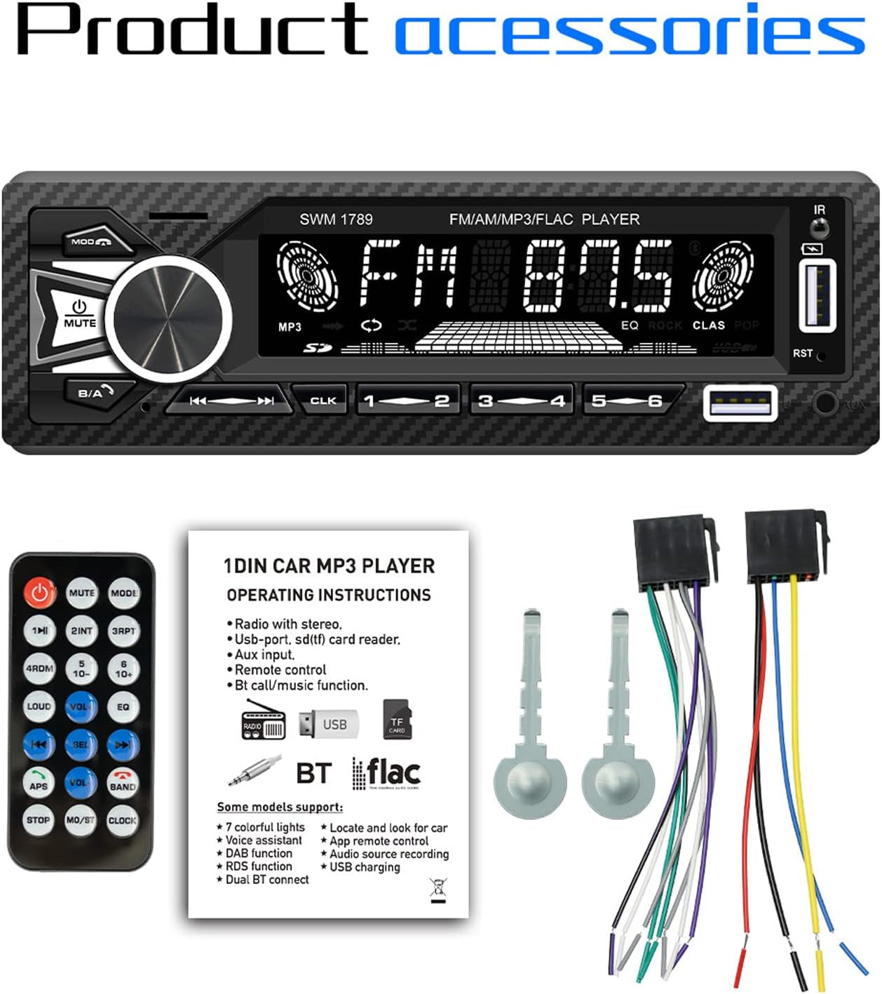 Single Din Car Stereo: Bluetooth Car Radio Autoradio with Hands-Free Function, Quick Charge 12V MP3 Player, Dual Control, Memory Function, and compatibility with MP3, FM, AM, TF, AUX, USB, and APP