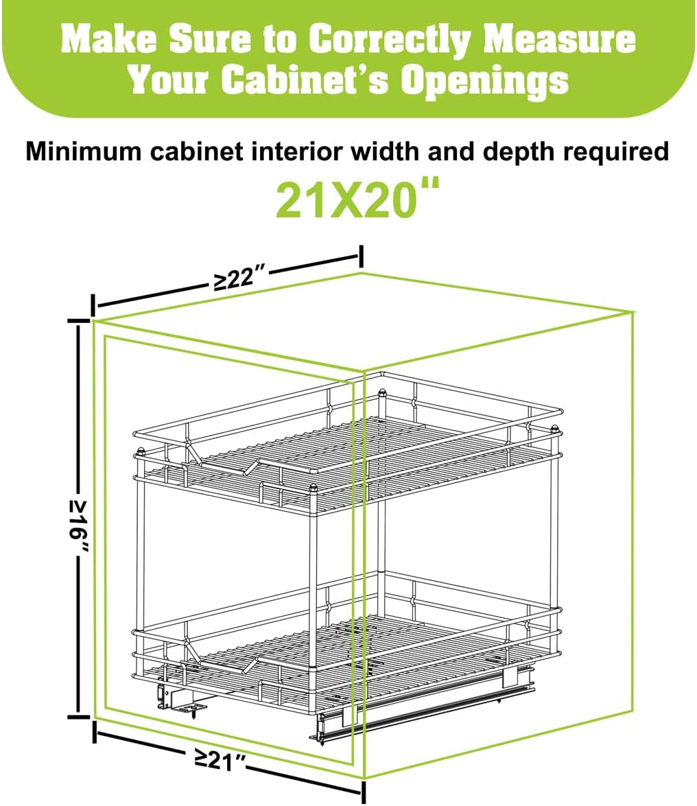 Bonadom 2 Tier Pull Out Cabinet Drawer Organizer –Heavy Duty Slide Out Kitchen Cabinet Storage Shelves -21''Dx20''W - Requires at Least a 20” Cabinet Opening, Wire Frame, Chrome Finish