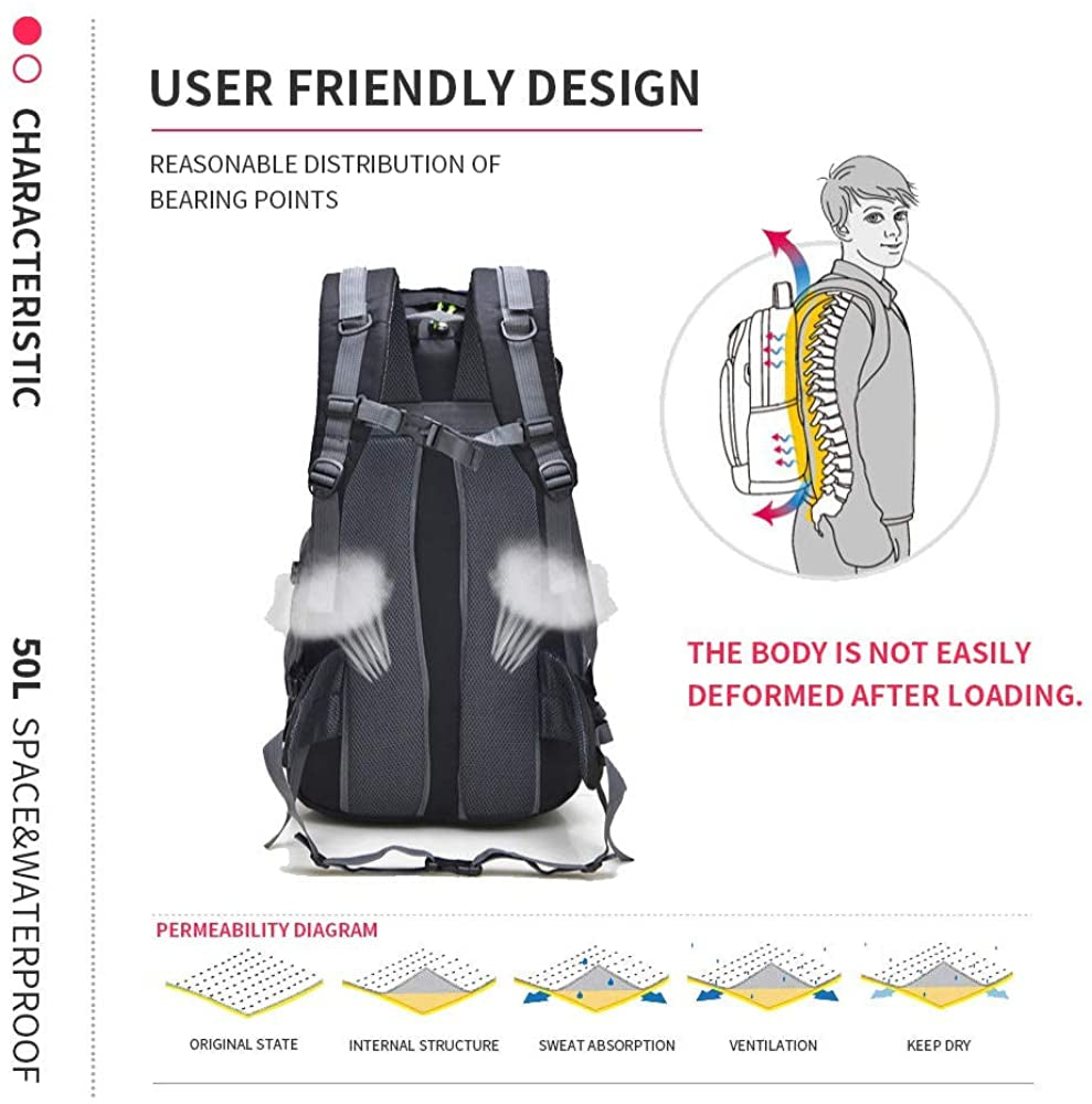 50L Water Resistant Hiking Backpack for Climbing, Camping, and Touring