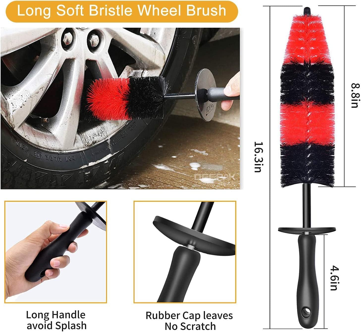 Professional Car Detailing Wheel Brush Kit - 5-Piece Long Soft Wheel Brush Set, 3-Piece Wire Brushes, and Microfiber Wash Mitt for Tire, Rim, Motorcycle, and Engine Cleaning