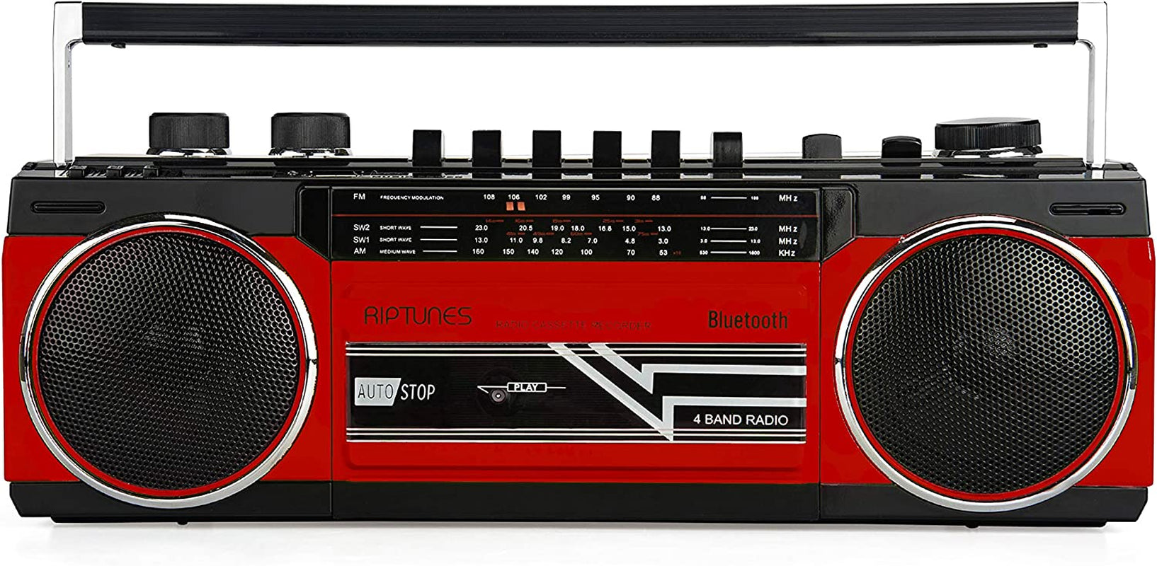  Cassette Boombox with Bluetooth, Cassette Player and Recorder, AM/FM/SW-1-SW2 Radio, USB, SD - Retro Blue, RED