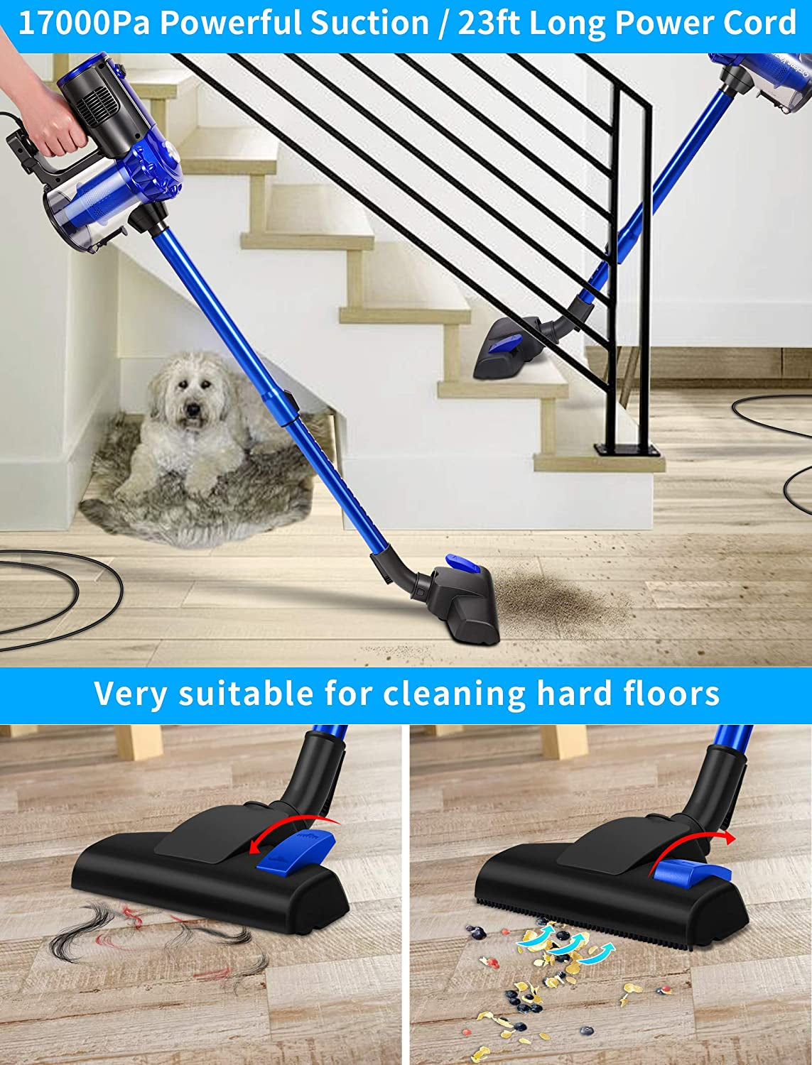 E600 Vacuum Cleaner - Corded, 17KPa Powerful Suction, Bagless, Lightweight Stick & Handheld Vacuum for Hard Floor and Tile, Blue.