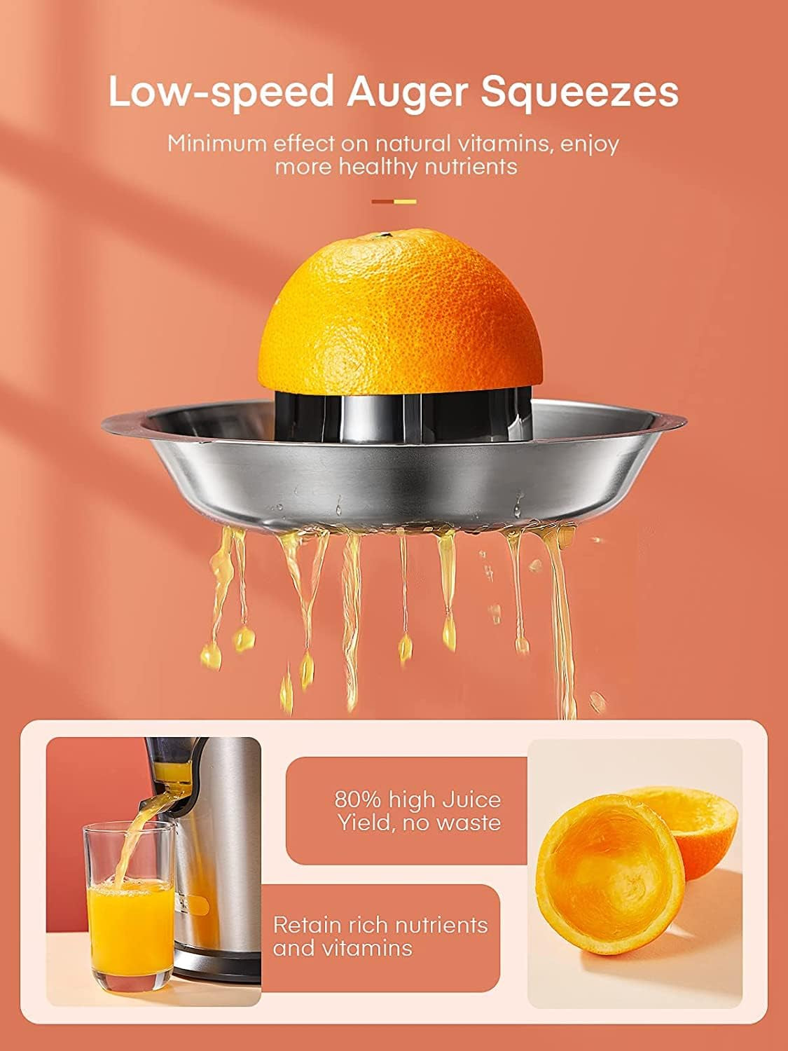 Compact Stainless Steel Electric Citrus Juicer - Citrus Press Juicer Squeezer with 2 Size Cones, Humanized Handle, Ideal for Oranges, Lemons, Grapefruits, and Limes.