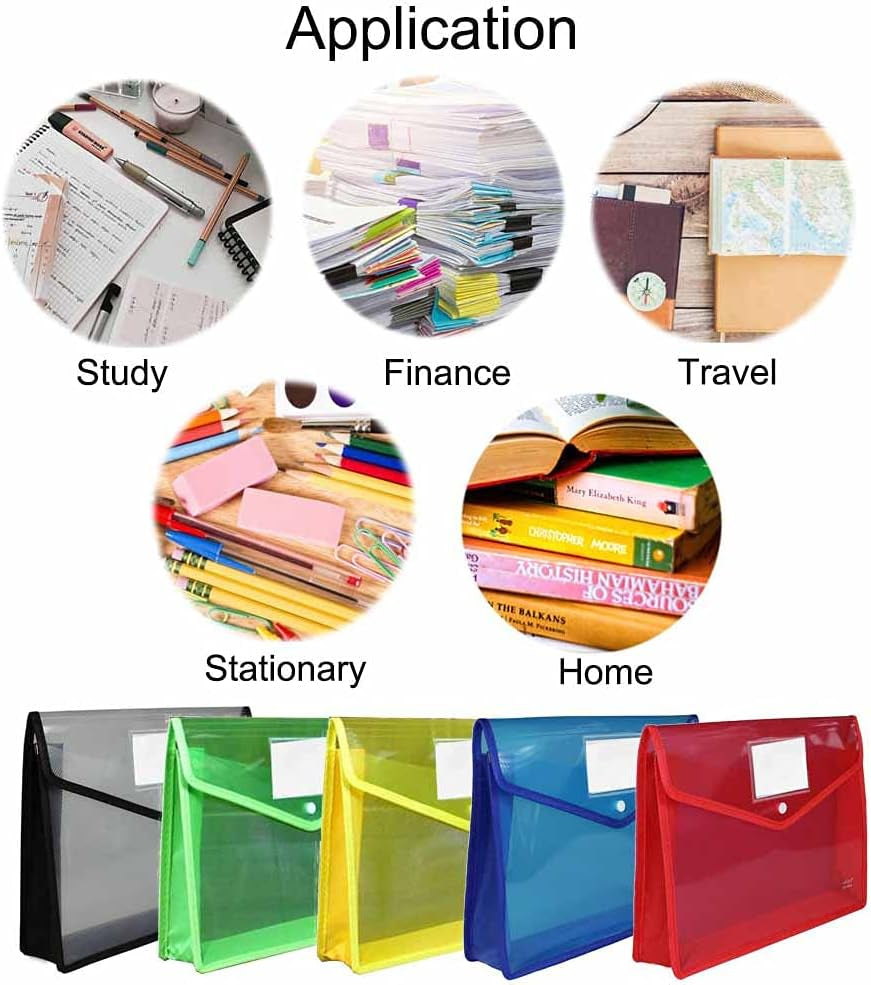 5-Pack A4 Plastic File Folder Envelopes with Closure and Label Pocket, 2.8 Expansion Document File Folder, Clear Poly Organizer for School, Home, and Office Work