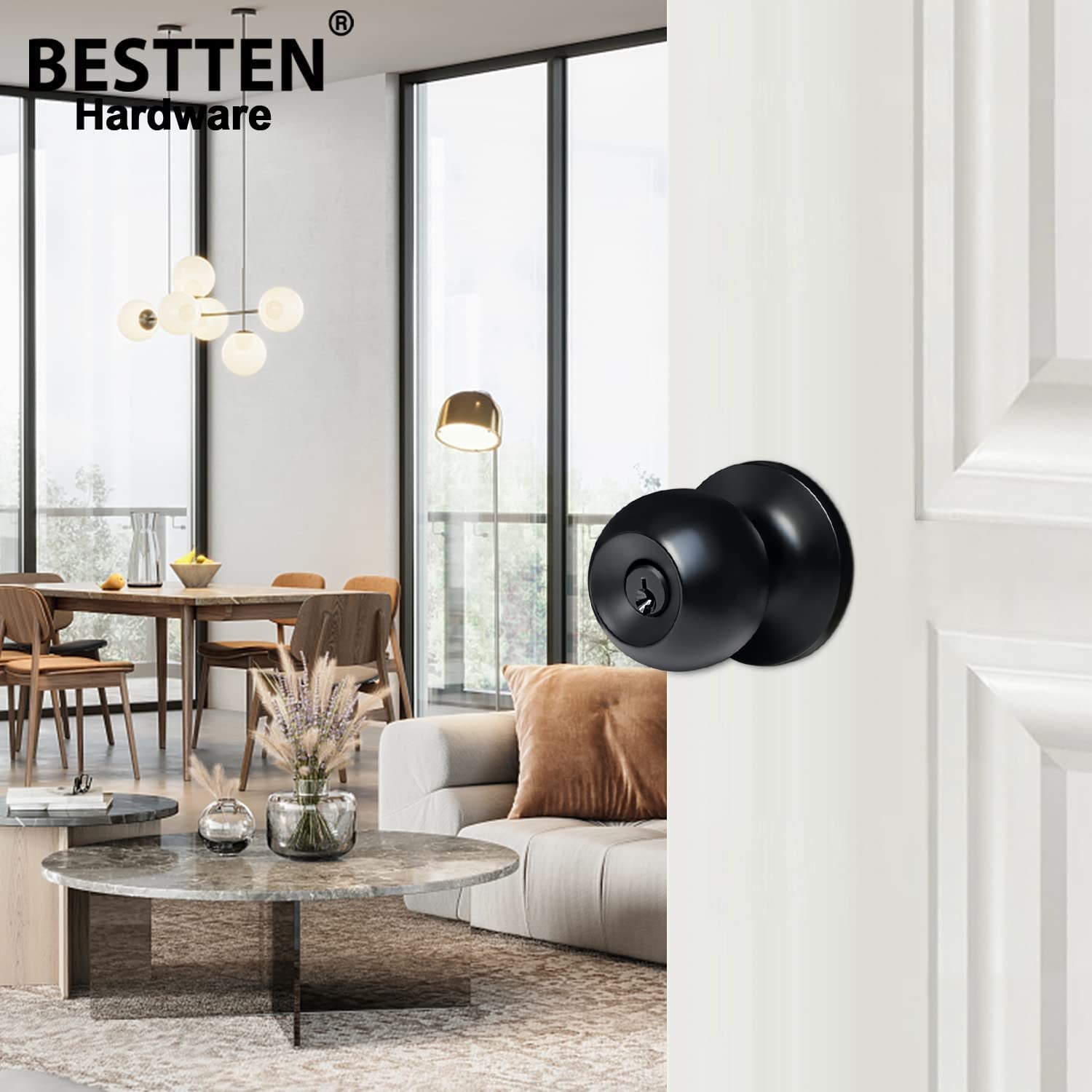 Matte Black Keyed Entry Door Knob - A Standard Ball-Shaped Entrance Door Lock with a Key, Constructed from All Metal for Durability.