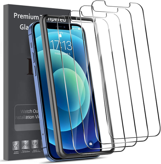 4-Pack Tempered Glass Screen Protector for iPhone 12/12 Pro (6.1 inch) - Features Case-Friendly Design, Double Defense, Alignment Frame for Easy Installation, and Compatibility with 3D Touch.