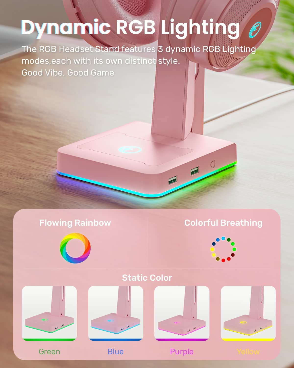 Pink RGB Gaming Headset Stand: Game Headphone Mount with 2 USB Ports. Great for PC, Xbox One, PS4, Switch. Features Earphone Holder Hanger. Perfect for Gaming Stations and Fancy Desk Gamer Accessories.