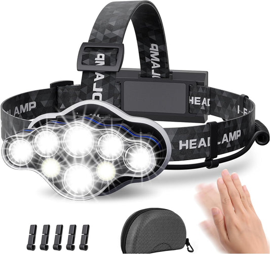 High Lumen Rechargeable Headlamp with 8 LED, 8 Modes, Red Warning Light, Waterproof Flashlight - Ideal for Camping, Fishing, and Outdoor Activities