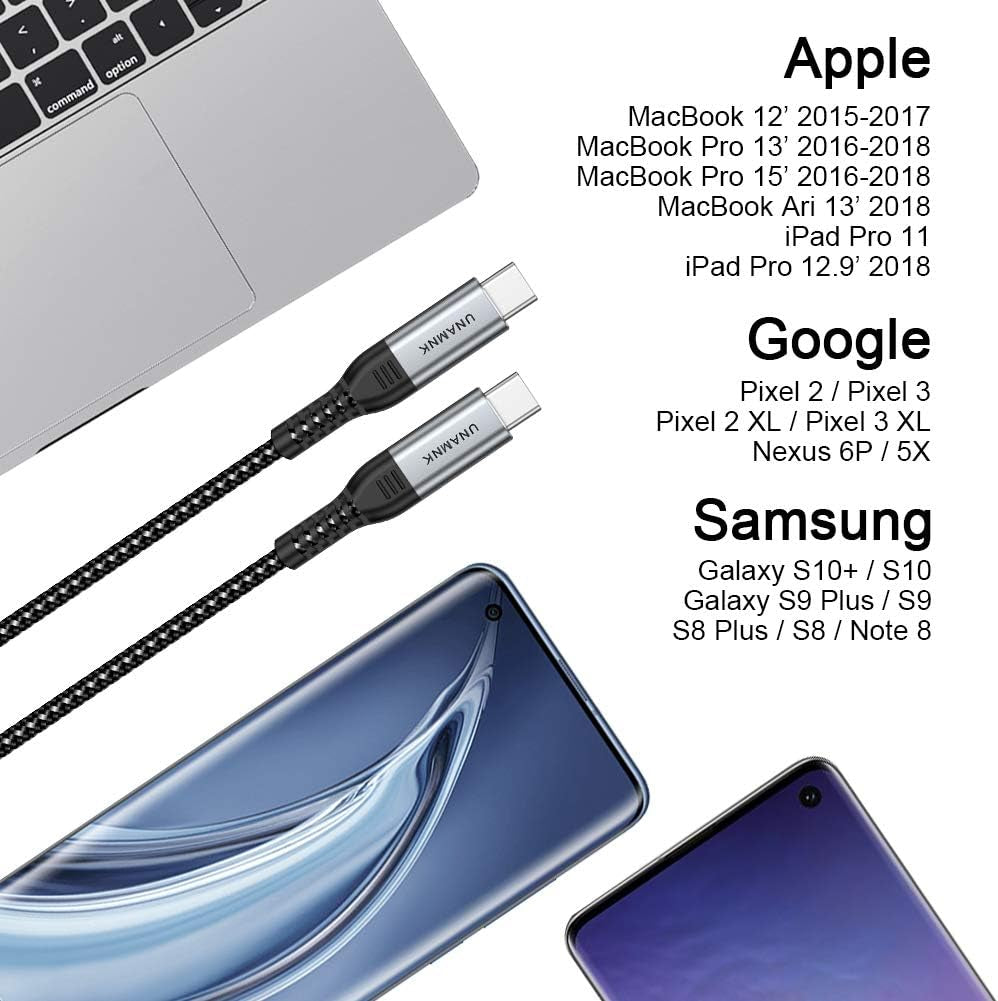 10ft 100W UNAMAK USB Type C Fast Charging Cable - Compatible with iPad Pro, MacBook Pro, Samsung Galaxy S20, Pixel 3