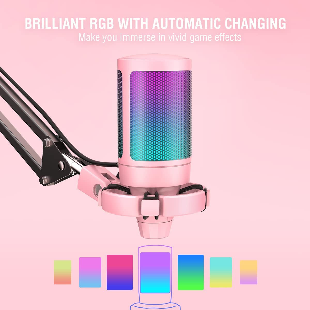 USB PC Microphone Kit with RGB, Boom Arm Stand, Tap-To-Mute, Gain Knob - A6T Pink, for Gaming, Streaming, Recording, Podcasting, Video, Compatible with Mac, PS4, PS5, and More