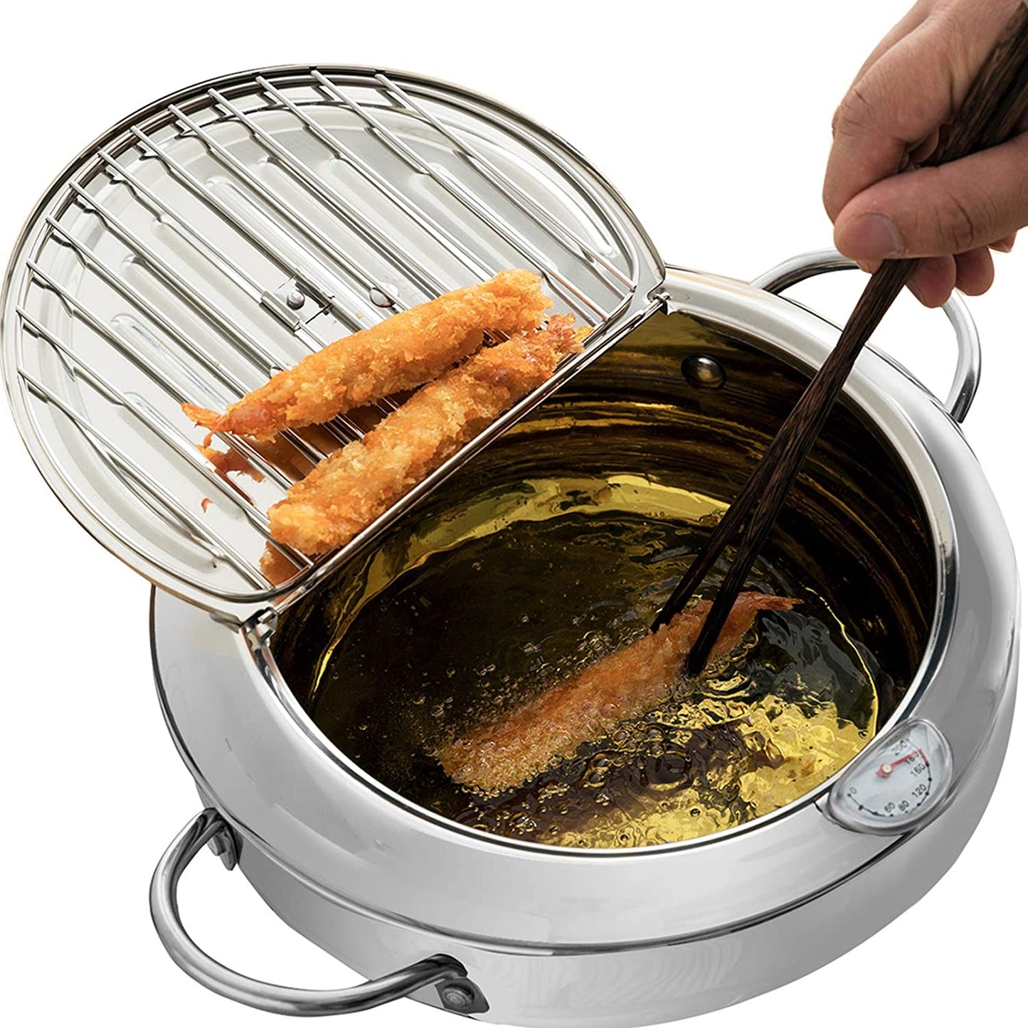 Japanese-Style Tempura Deep Fryer Pot: 304 Stainless Steel Frying Chicken Pot with Lid and Thermometer, 2.2L Capacity (Diameter: 6.5")