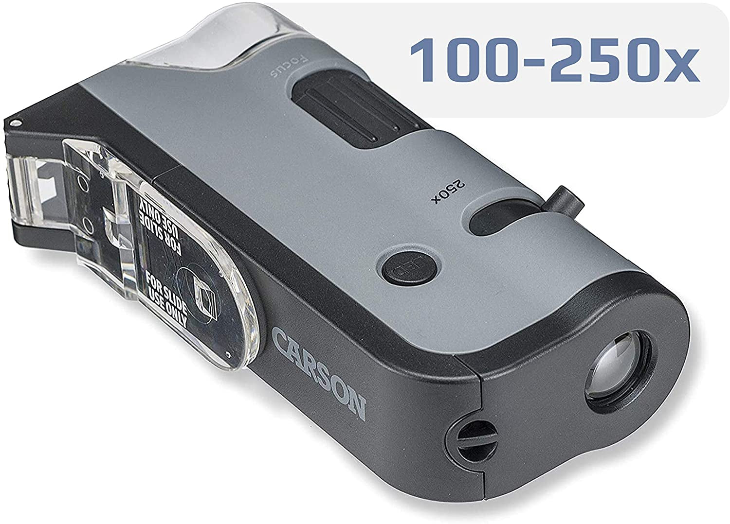 Pocket Microscope Microflip with LED and UV Light, 100X-250X Magnification, Flip Down Slide Base, and Smartphone Digiscoping Clip