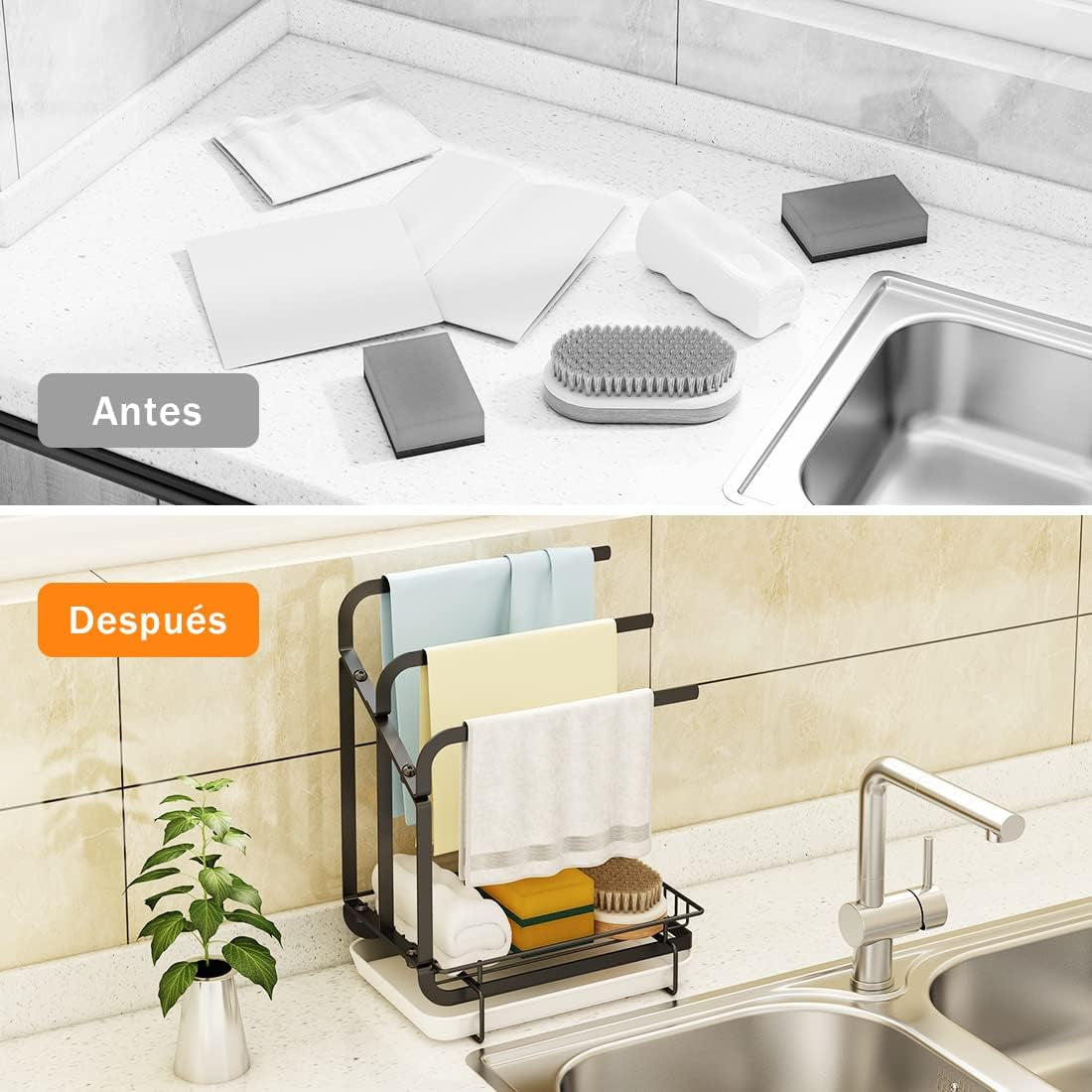 Sink Organizer for Kitchen or Bathroom - Kitchen Sponge Towel Rack with Drain Pan Tray and Towel Rail, Efficiently Holds Sponges and Towels, Enhancing Sink Area Organization; Stylish Black Design