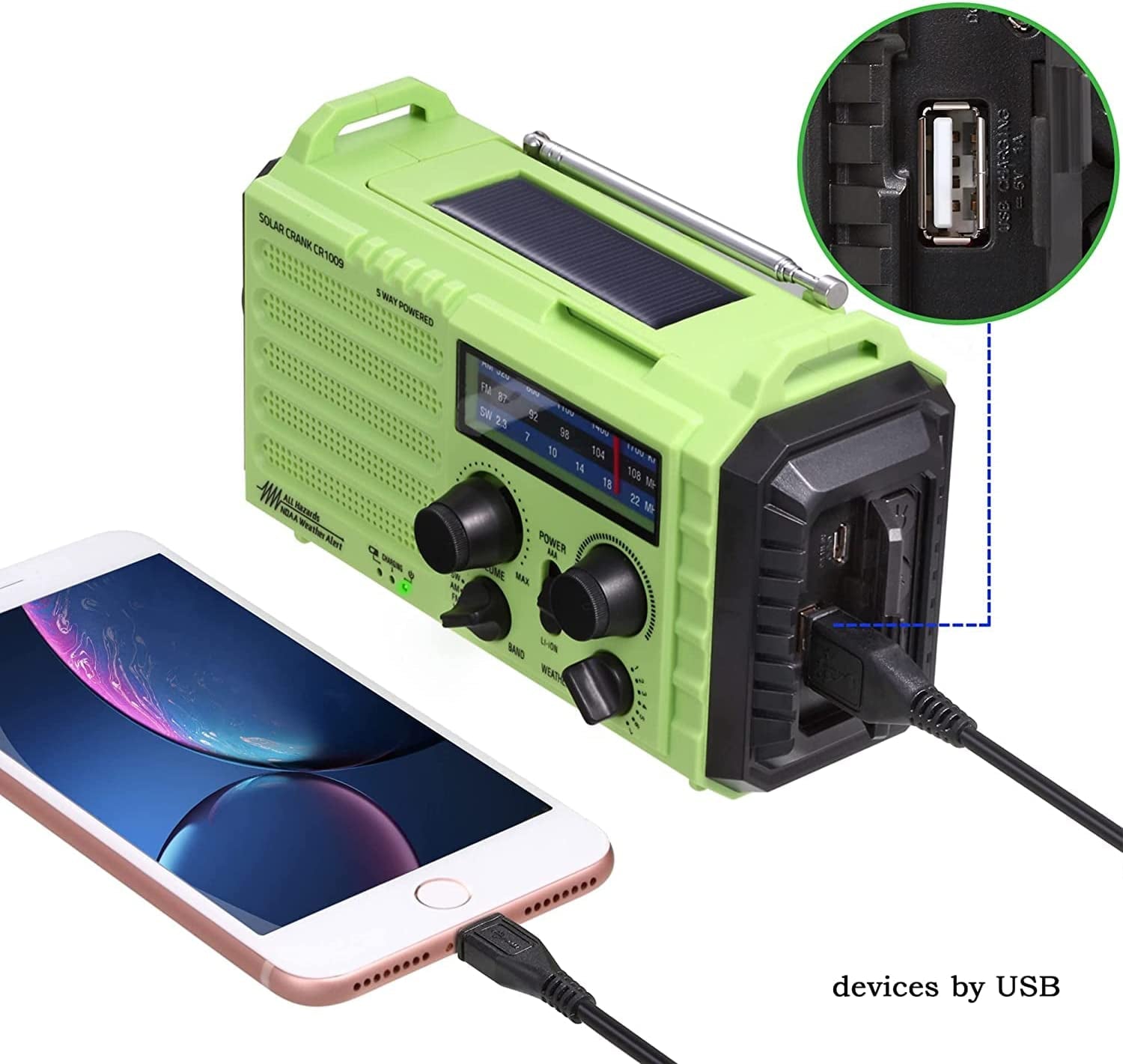 Multi-Powered Emergency Weather Radio with Solar Charging, Hand Crank, and USB Charger - AM/FM/SW/NOAA Radio with SOS Alarm, LED Camping Flashlight/Reading Lamp, Headphone Jack, and Compass