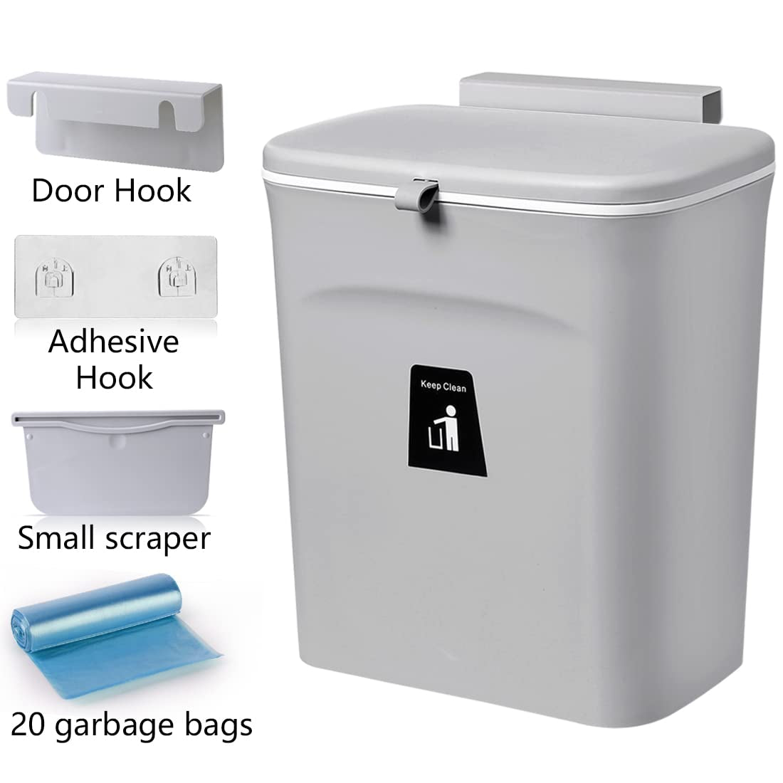 2.4 Gallon Hanging Kitchen Compost Bin: Designed for Countertop, Under Sink, or Wall-Mounted Installation. Features a Lid and is Suitable for Cupboards, Bedrooms, Offices, Camping, and Indoor Composting - Gray 