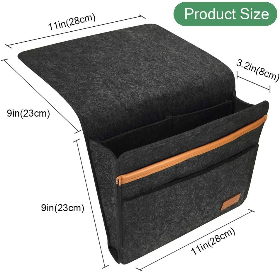 Thicker Felt Bedside Caddy: Hanging Storage Organizer Bag with Pocket for Books, Tablet, Remote Control, Phone, and Accessories - Dark Grey