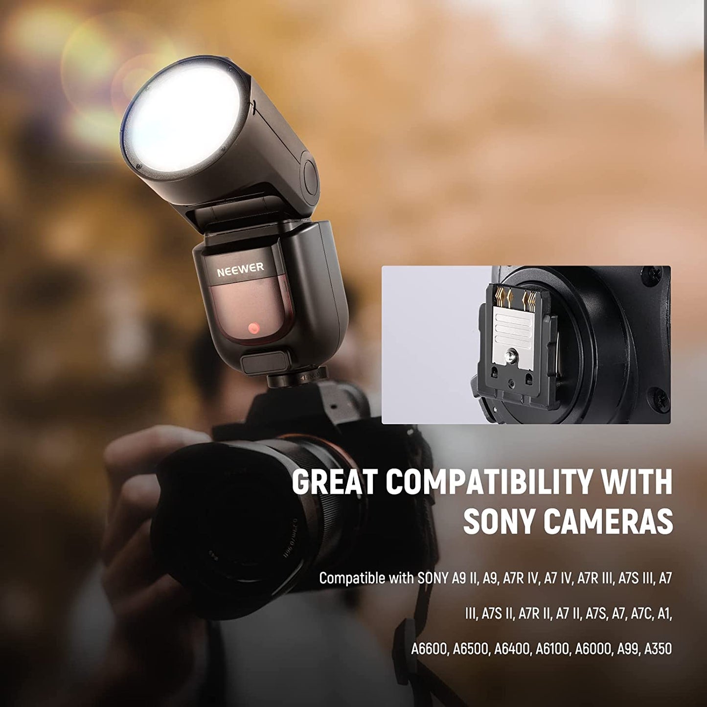 Round Head Flash Speedlite for Sony DSLR Cameras with High-Speed Sync, LED Modeling Lamp, and Long Battery Life