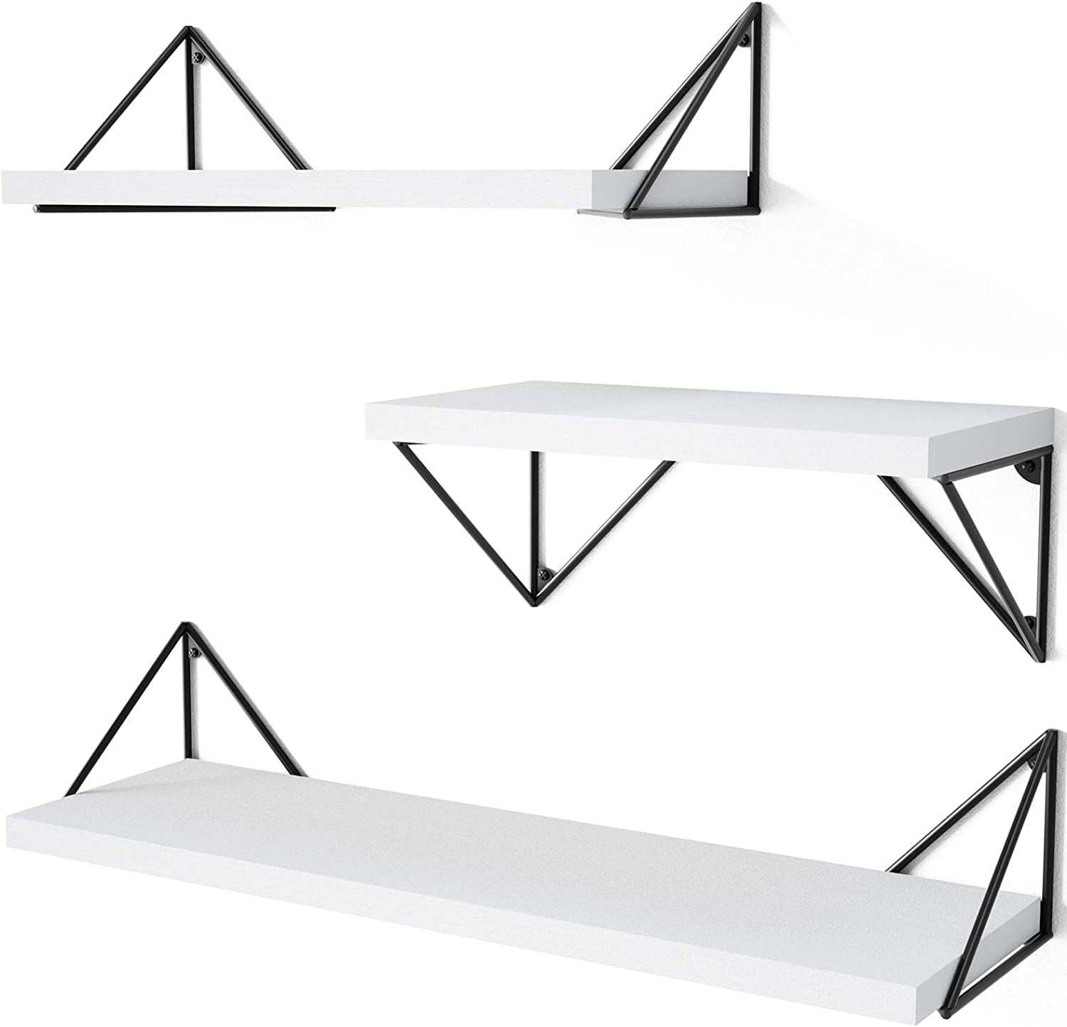 Set of 3 Floating Shelves - Wall Mounted - Rustic Design - Suitable for Bedroom, Bathroom, Living Room, and Kitchen - Color: White - Offers Stylish Wall Storage.