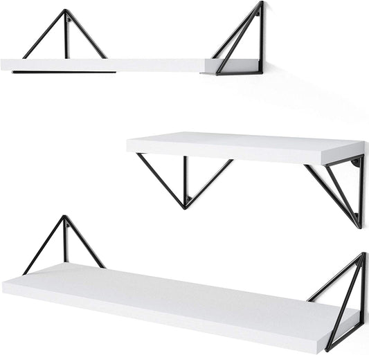 Set of 3 Floating Shelves - Wall Mounted - Rustic Design - Suitable for Bedroom, Bathroom, Living Room, and Kitchen - Color: White - Offers Stylish Wall Storage.