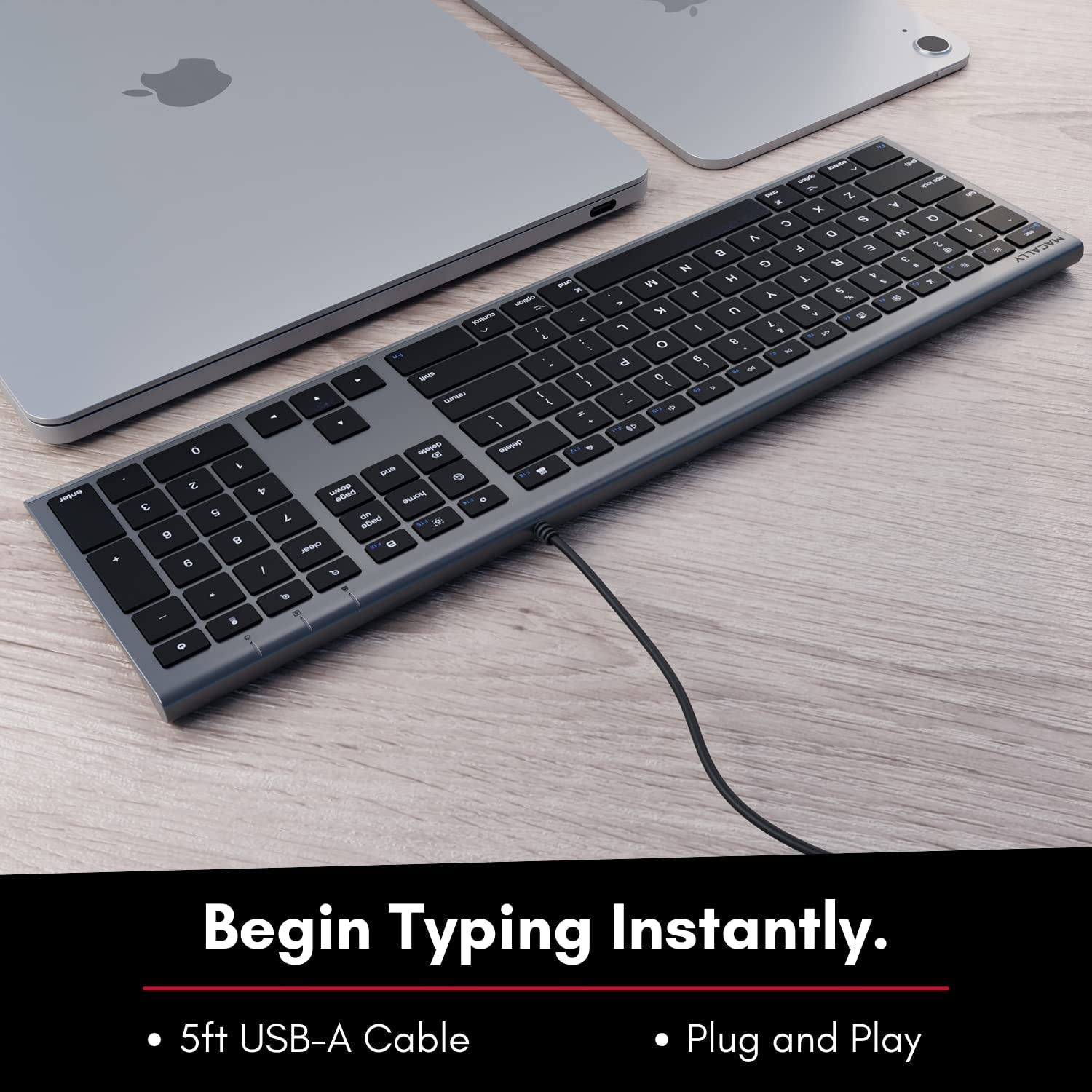 Ultra Slim USB Wired Computer Keyboard - Compatible with Windows and Mac - Full Size Keyboard with Numeric Keypad and Shortcut Keys - Easy Plug and Play - Space Gray