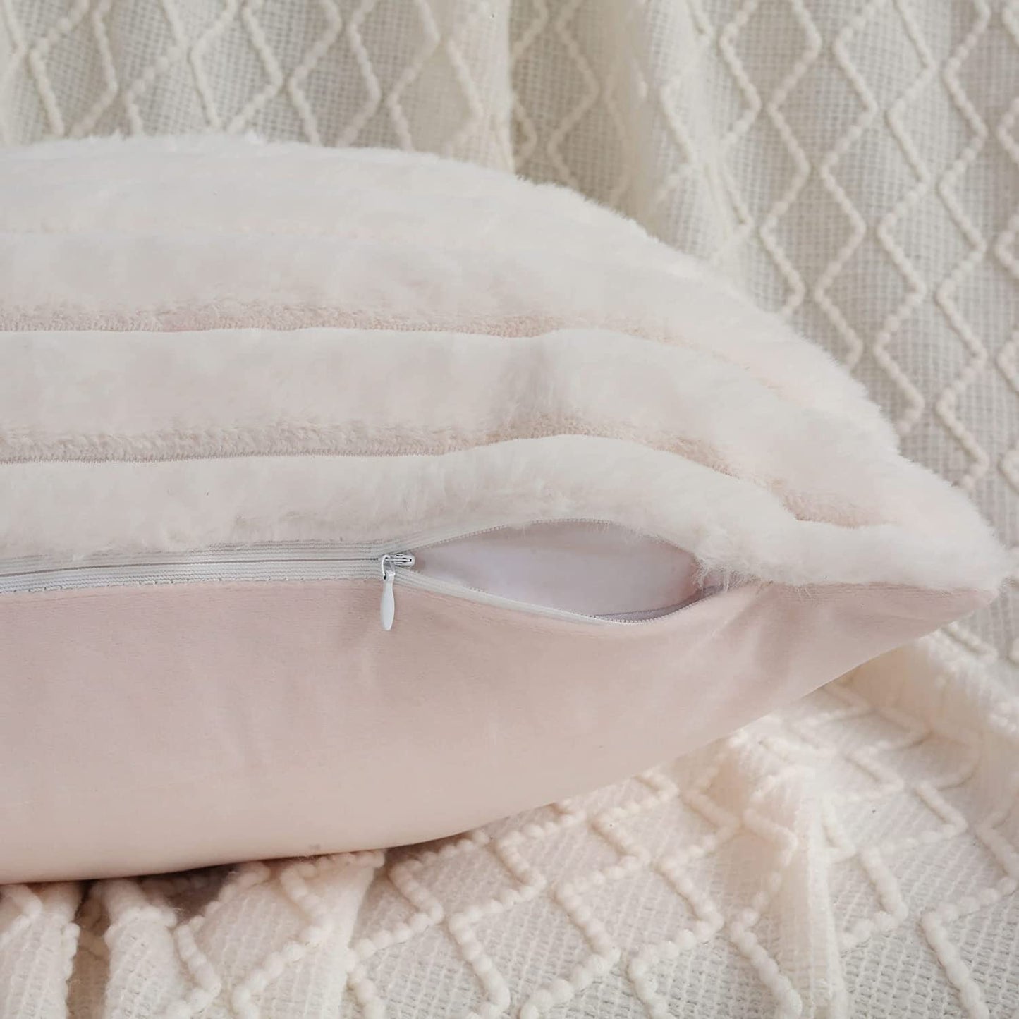 Set of 2 Cream White 20x20 Inch Throw Pillow Covers - Cozy Faux Rabbit Fur Striped Design with Velvet Back for Modern Couch Decor.