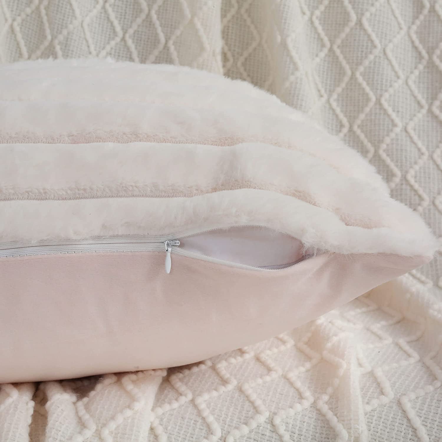 Set of 2 Cream White 20x20 Inch Throw Pillow Covers - Cozy Faux Rabbit Fur Striped Design with Velvet Back for Modern Couch Decor.