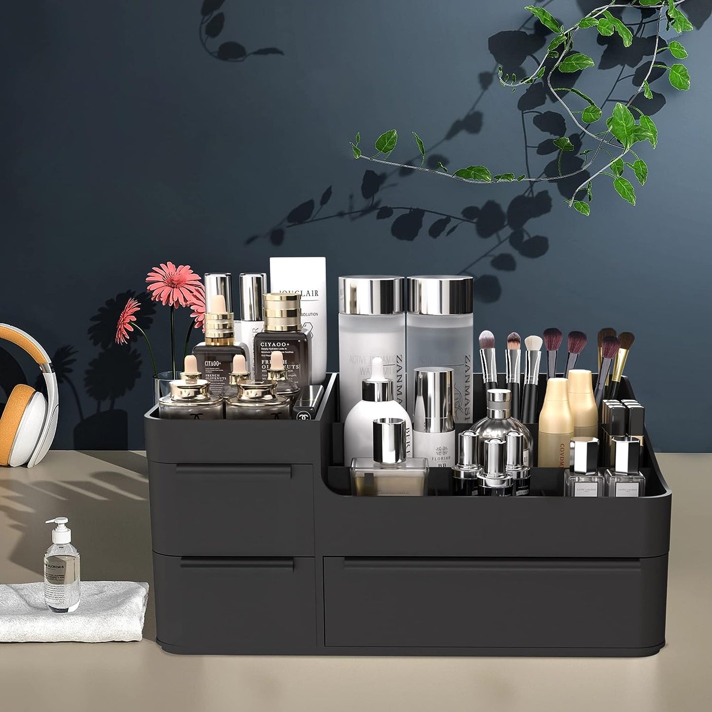 Black Plastic Vanity Makeup Organizer with 6 Compartments, Perfect for Brushes, Eyeshadow Palettes, and Beauty Supplies, Comes with Drawer Organizer Tray for Easy Use.