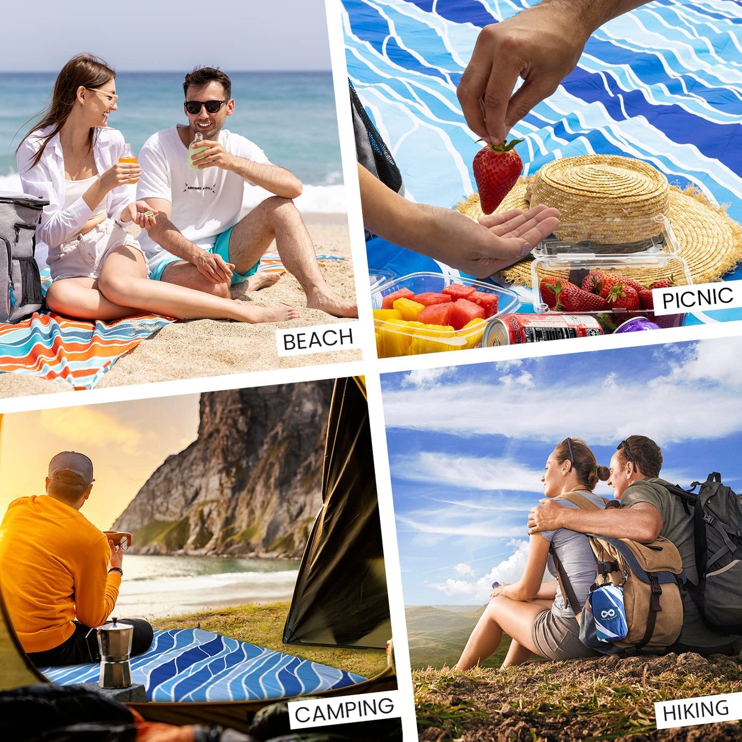Waterproof Beach Blanket - Colorful Sandproof Beach Mat for Up to 10 People, Includes Stakes and Storage Bag - Large Microfiber Polyester Blanket Ideal for Beach Trips, Picnics, Concerts, and Hikes.