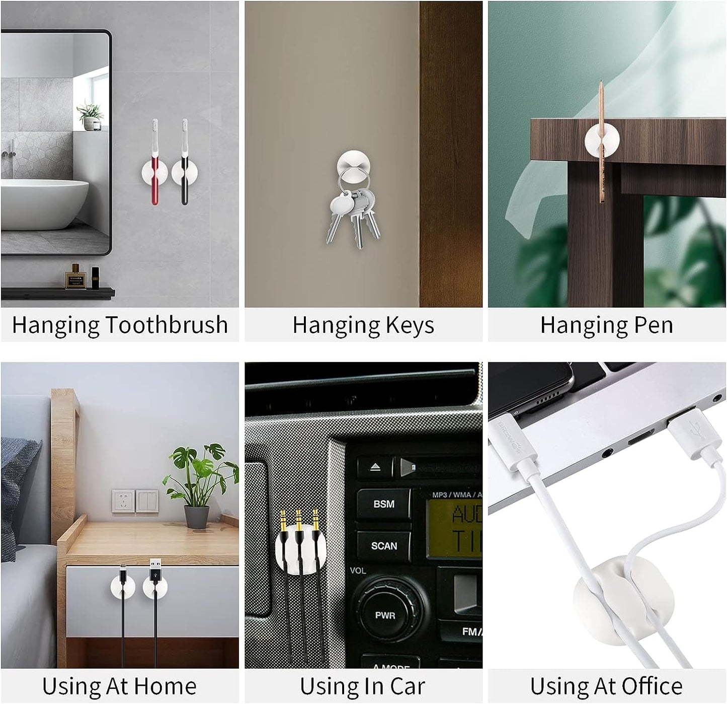Cable Clips 16 Pack - Self Adhesive Cord Organizer for USB Charging Cables, Power Cord, Mouse Cables, Headphone Cords - White