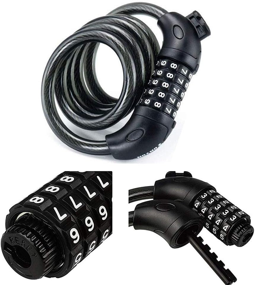 Heavy Duty 5-Digit Combination Cable Chain Lock for Bicycles, Motorcycles, and Scooters - 1.2cm/4ft Long, 0.5"/12mm Diameter, with Mounting Bracket
