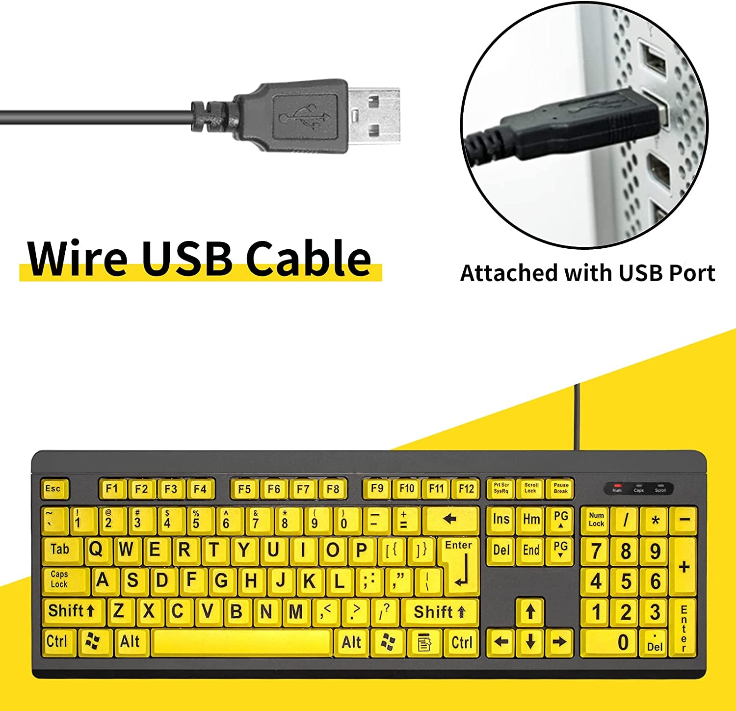 Large Print Computer Keyboard: Wired USB High Contrast Keyboard for Visually Impaired, Seniors, Students, and Computer Beginners