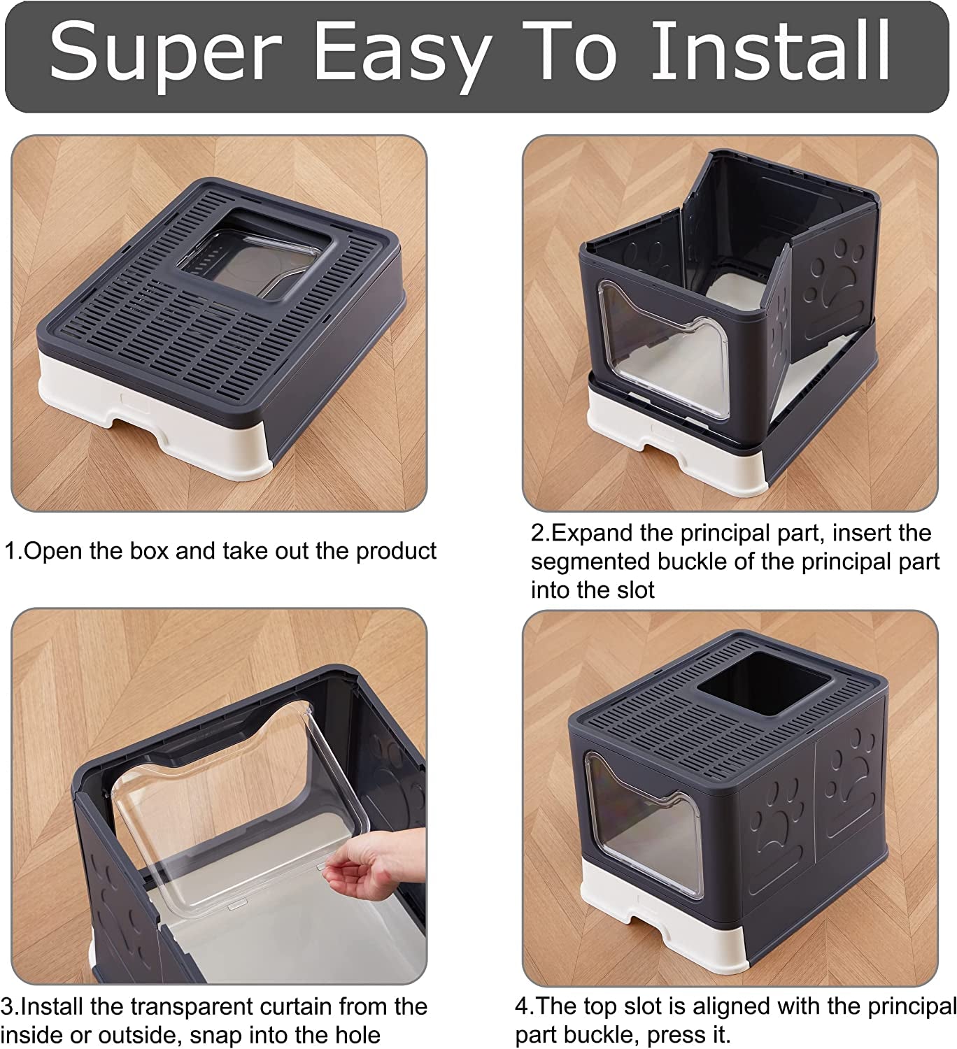  Foldable Cat Litter Box with Lid and Drawer, Large Top Entry  Litter Box with Cat Litter Scoop, Enclosed Kitty Litter Box - Easy Clean Low Tracking Cat Litter Pan (Black)