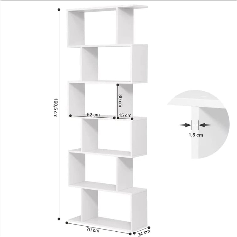 6-Tier Wooden S-Shaped Bookshelf in White - Ideal for Living Room, Bedroom, and Study Room Display.