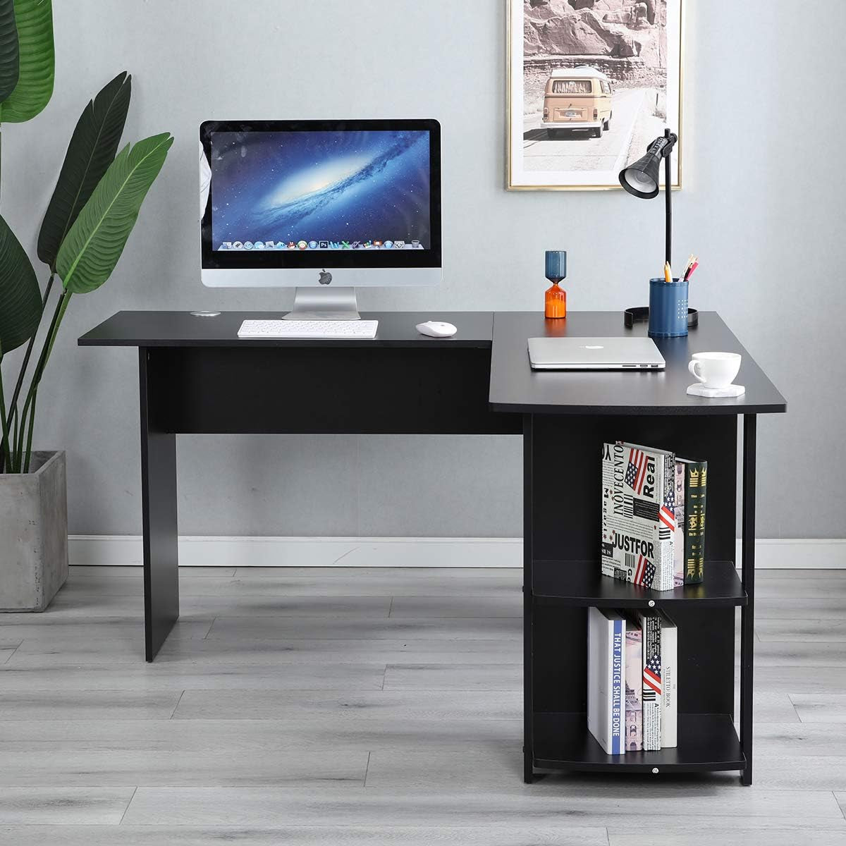 L-Shaped Computer Desk with Shelf - 59+51.2 inches L Desk Corner Computer Workstation Table with Desktop Shelf, Black 