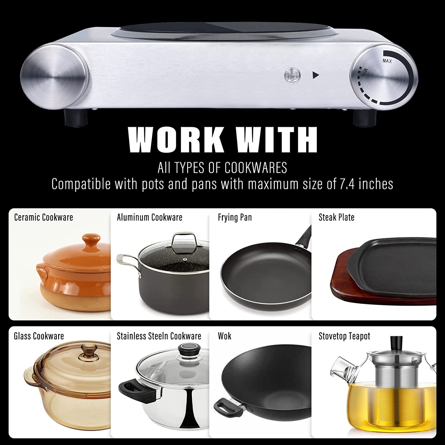 Single Burner Electric Hot Plate - 1200W Countertop Electric Cooktop, Portable Electric Stove in Stainless Steel. Features Temperature Control and Easy-to-Clean Surface.