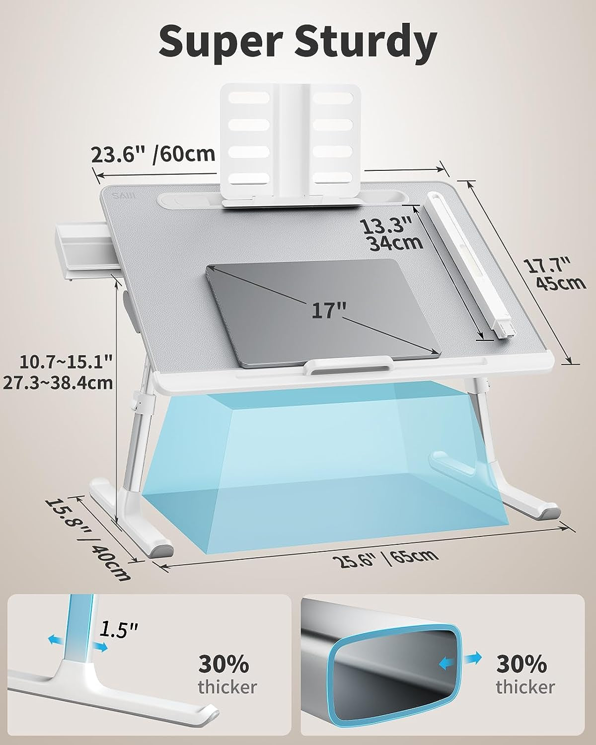 XX-Large Adjustable Laptop Bed Tray Desk with LED Light, Foldable PVC Leather Laptop Table for Sofa, Couch, Floor - Gray