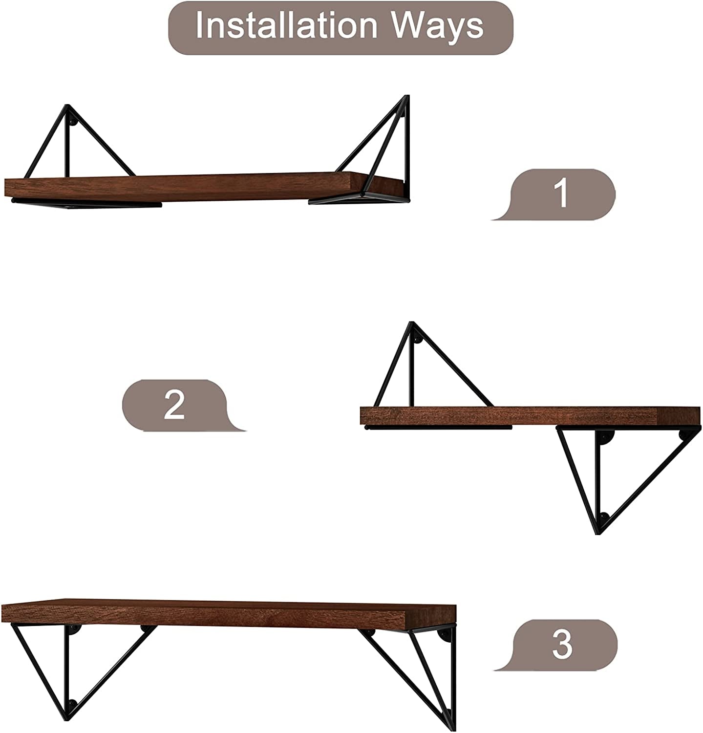 Set of 3 Rustic Wall Mounted Floating Shelves - Ideal for Bedroom, Bathroom, Living Room, Kitchen in Dark Walnut