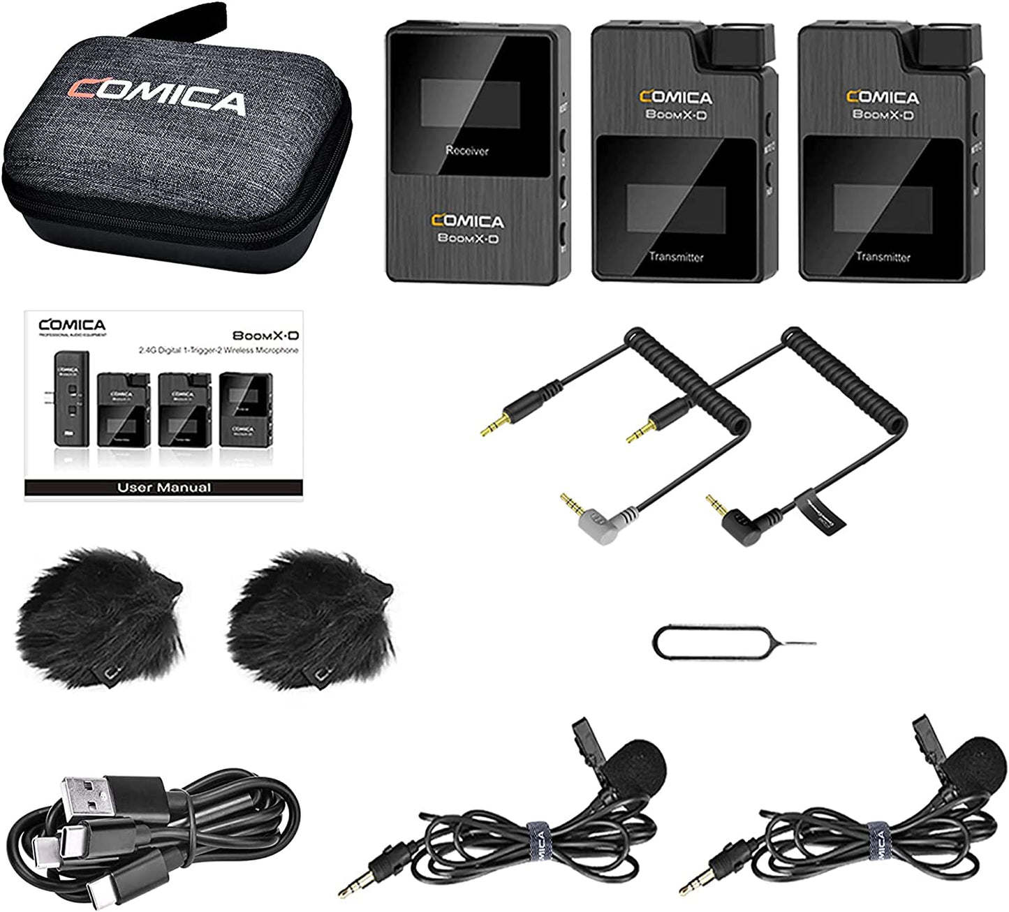 2.4G Wireless Lavalier Microphone System - Includes 2 Transmitters and 1 Receiver, Ideal for Smartphone, Camera, Podcasts, Interviews, YouTube, Facebook Live, and More.