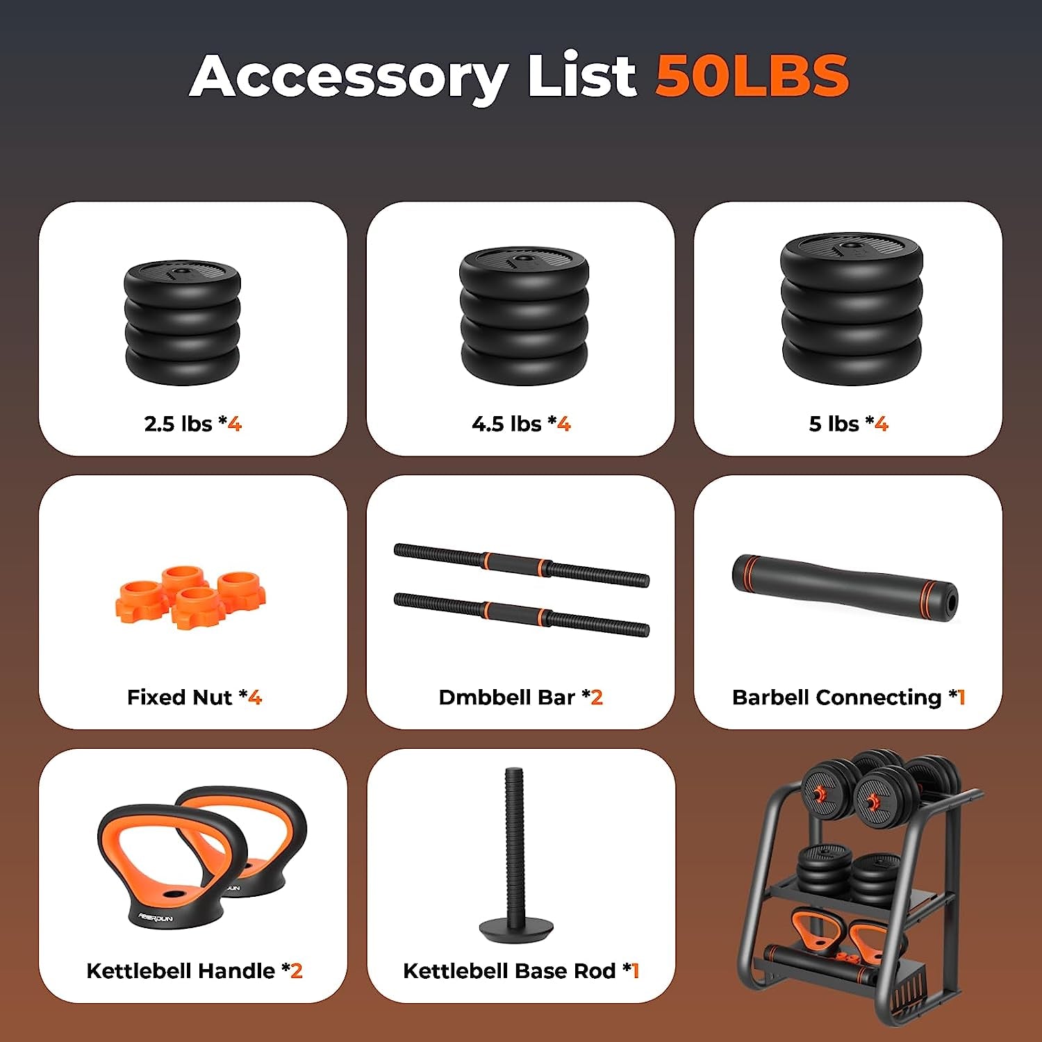 Adjustable Dumbbells - Free Weight Set of 50/90lbs with Connector. This 4-in-1 Dumbbell Set can be Used as Barbell, Kettlebells, and Push-up Stand for Versatile Fitness Exercises at Home Gym. Suitable for Men and Women.