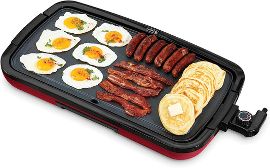  Deluxe Everyday Electric Griddle with Removable Nonstick Cooking Plate, Drip Tray, and Recipe Book - 20" x 10.5", 1500-Watt, Red