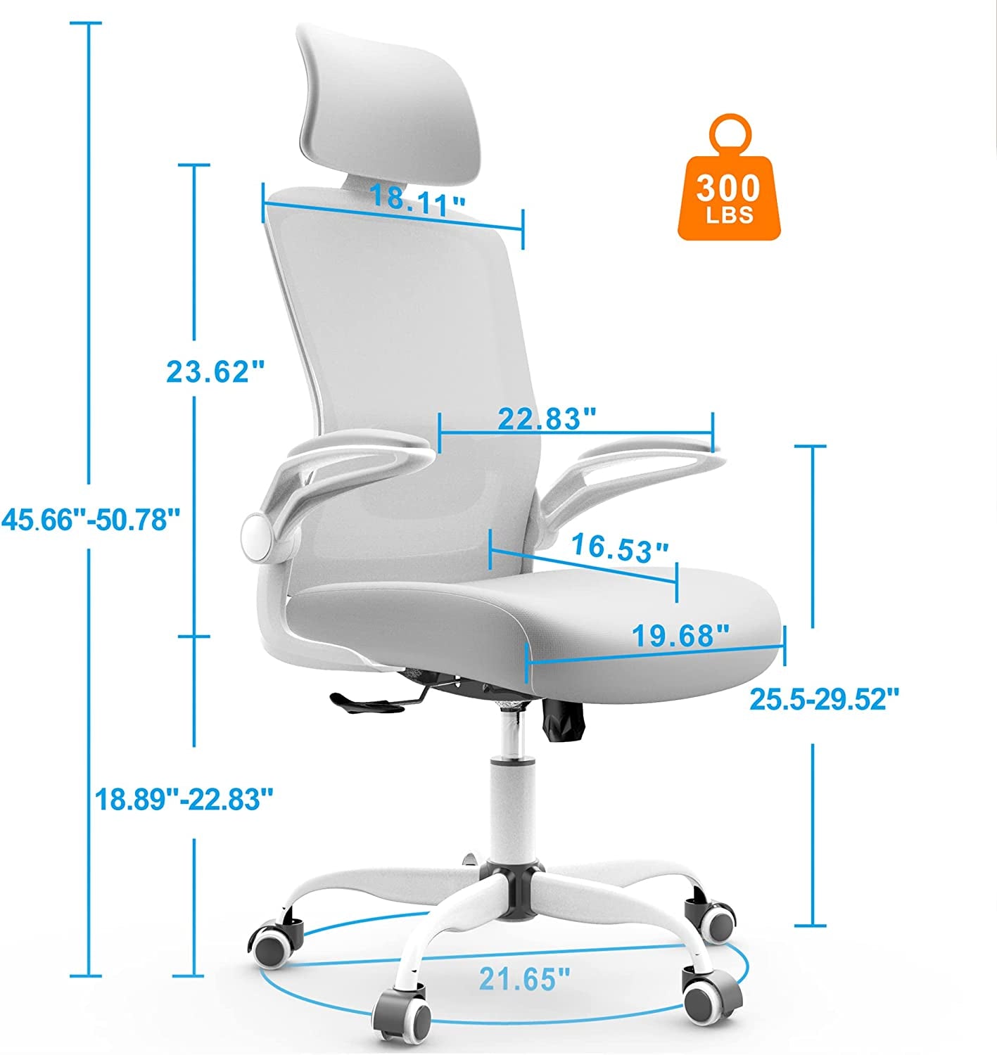 High Back Ergonomic Office Chair with Adjustable Lumbar Support, Headrest, and Swivel Function - Flip-up Armrests for Enhanced Comfort - 5 Year Warranty - Modern Ivory White Design