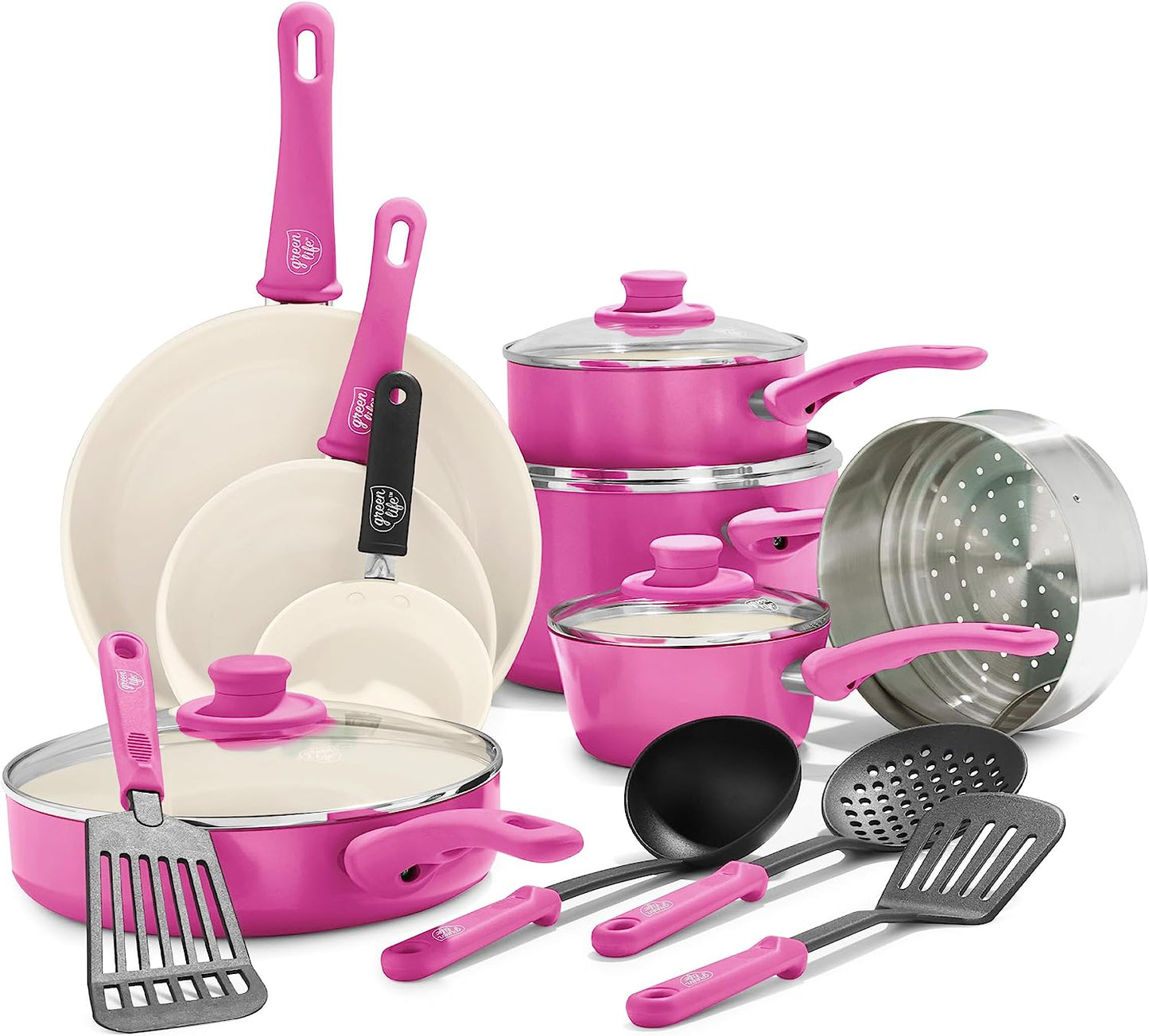 Soft Grip Ceramic Nonstick 16-Piece Kitchen Cookware Set, PFAS-Free, Dishwasher Safe, Bright Pink