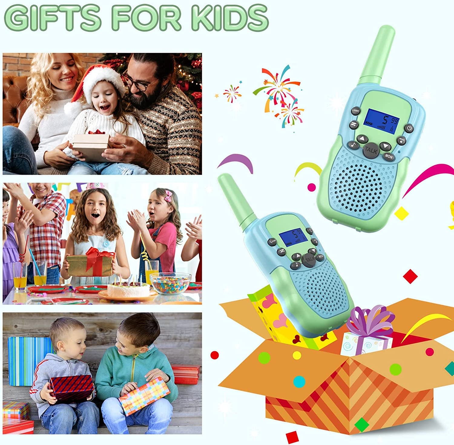 2-Pack of Rechargeable Walkie Talkies for Kids - These Kid Walkie Talkies offer a 3 KM Range, 22 Channels, and come with a Flashlight. They make excellent Birthday Gifts for Boys and Girls aged 3-8 years old.