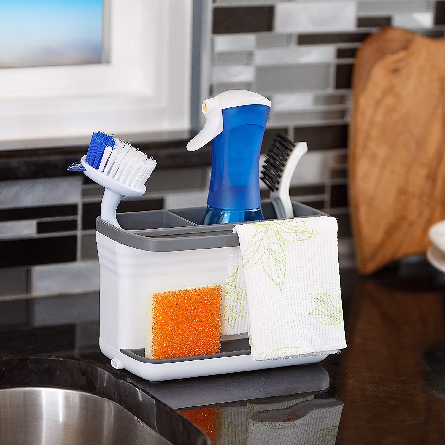 Kitchen Sink Organizer Caddy with 2 Compartments - Designed for Sponge, Soap, Scrubber Brush, and Dish Cloth; Drain Holes and Pour Spout Keep Countertop Dry.