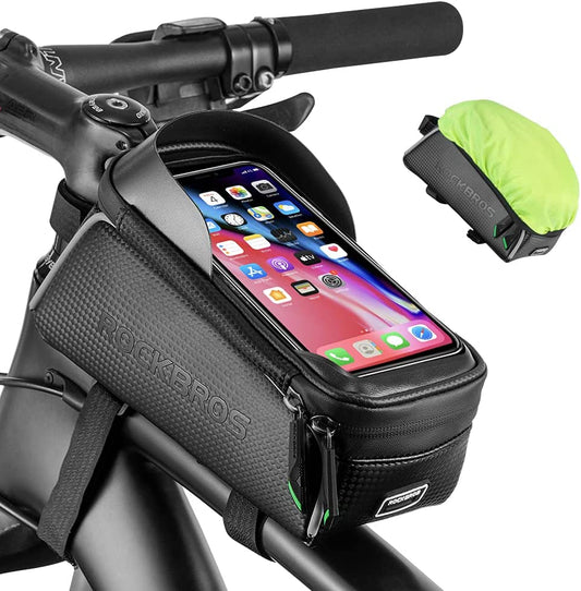 Waterproof Bike Phone Bag - Top Tube Bicycle Front Frame Pouch for iPhone Xs Max, Samsung S10 - Bike Accessories Bag with Phone Holder - Compatible with iPhone 11 Pro Plus