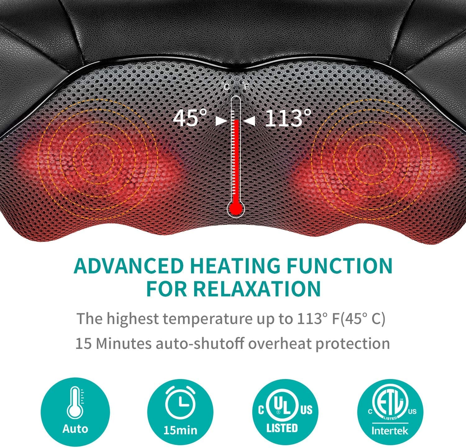 Shiatsu Neck and Back Massager with Soothing Heat - Electric Deep Tissue 3D Kneading Massage Pillow for Shoulder, Leg, and Body Muscle Pain Relief - Suitable for Home, Office, and Car Use (Black)